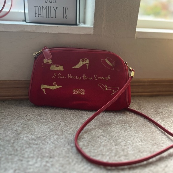 Women’s Small Cherry Red “I Can Never Have Enough” Embroidered Shoulder Bag - Picture 8 of 9